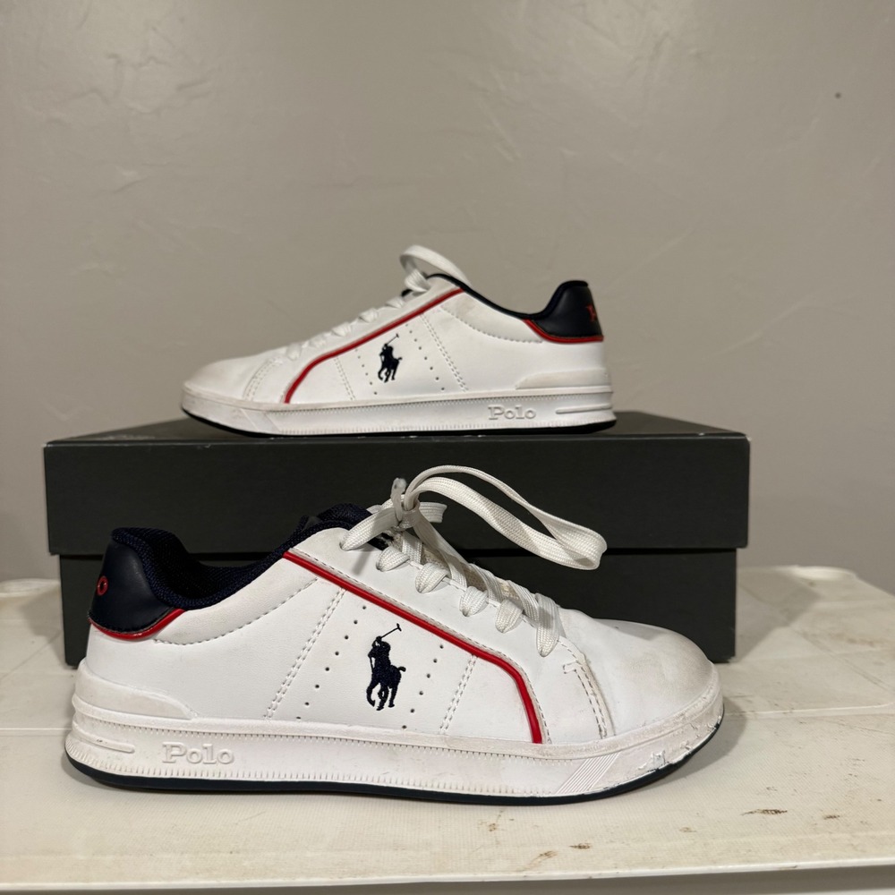 Polo Ralph Lauren Court Sneaker Kids Size 1 White Navy Red Good Condition Logo